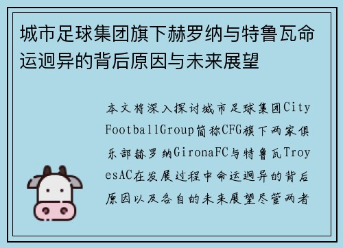 城市足球集团旗下赫罗纳与特鲁瓦命运迥异的背后原因与未来展望