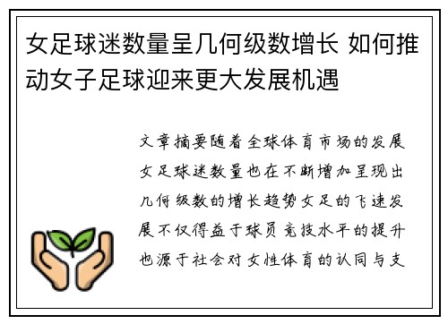 女足球迷数量呈几何级数增长 如何推动女子足球迎来更大发展机遇